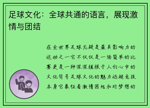 足球文化：全球共通的语言，展现激情与团结
